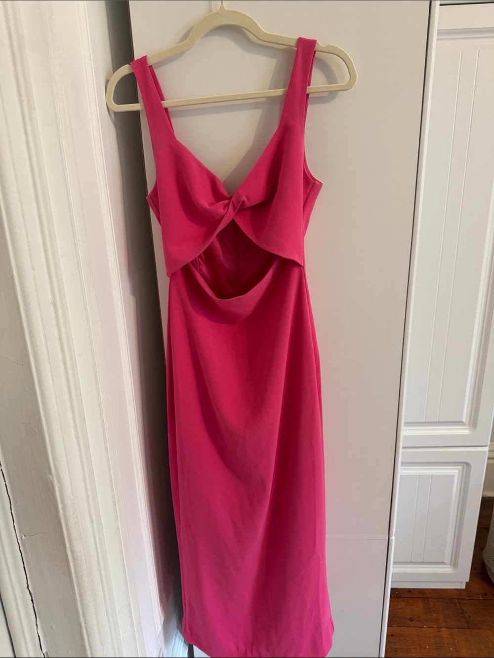Bardot Knot-Front Backless Midi Dress in Fuchsia